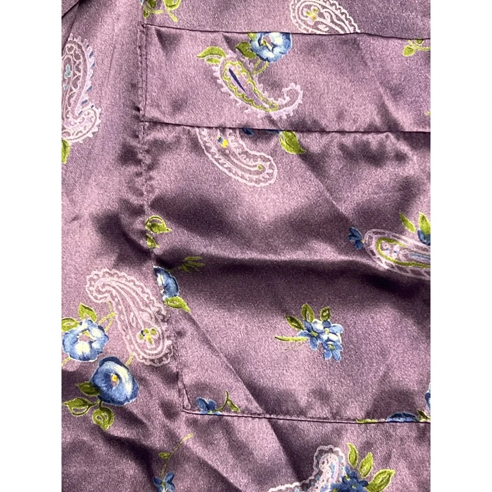 Vintage California Dynasty Pajama Top Womens L Purple Satin Floral Paisley Shirt